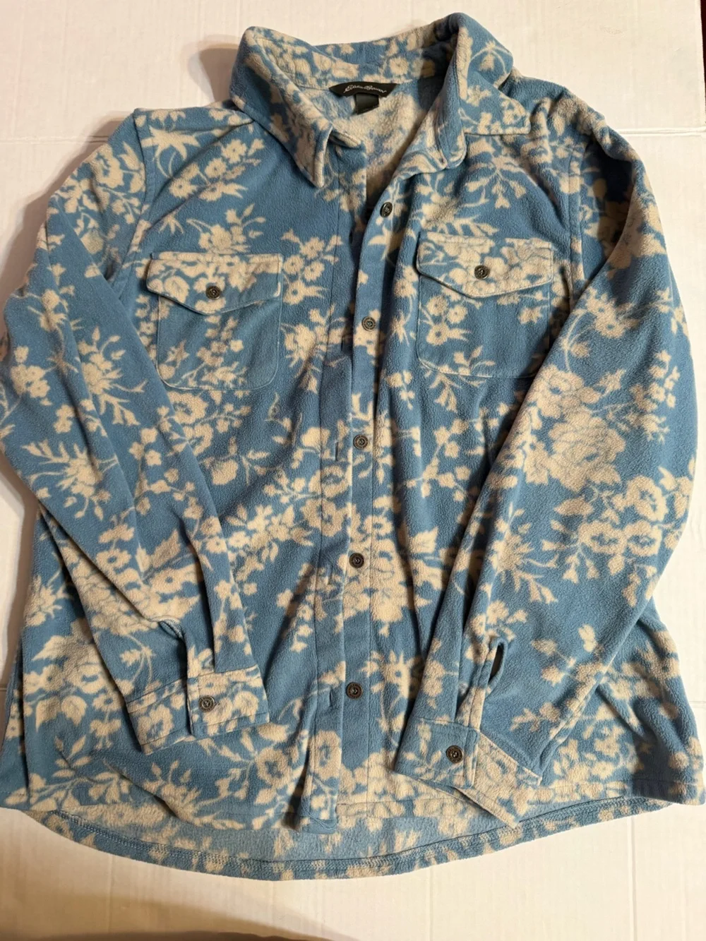 Eddie Bauer Blue and Cream Floral Fleece Cardigan